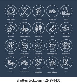 Cute thin line icons of winter sports. Outdoor activities vector elements - snowboard, hockey sled, skates, snow tubing, ice kiting. Linear pictogram editable stroke for equipment rent ski resort