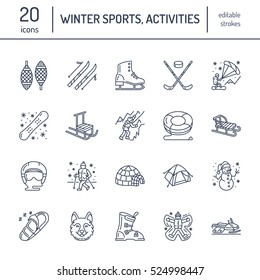 Íconos delgados de los deportes de invierno. Actividades al aire libre vectores - snowboard, hockey sled, patines, tubos de nieve, patinaje sobre hielo. Pictograma lineal editable para la estación de esquí de alquiler de equipos