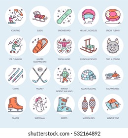 Cute thin line icons of winter sports. Outdoor activities vector elements - snowboard, hockey sled, skates, snow tubing, ice kiting. Linear pictogram with editable stroke for equipment rent ski resort