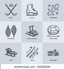 Cute thin line icons of winter sports. Outdoor activities vector element - snowboard, hockey sled, skates, snow tubing, ice kiting. Linear pictogram with editable stroke for equipment rent ski resort.