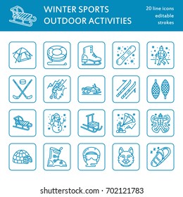 Cute thin line icons of winter sports. Outdoor activities vector elements - snowboard, hockey sled, skates, snow tubing, ice kiting. Linear pictogram with editable stroke for equipment rent ski resort