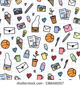 Cute thin line objects cartoon doodle style seamless pattern background wallpaper