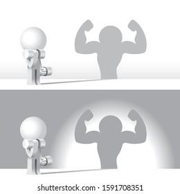 Cute thin little white Simplified man with the shadow that reflect how he looks like after the training and exercise. With optional background version.