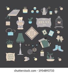 Cute things and accessory for sweet home . Flat vector elements to design your own interior.