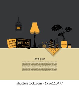 Cute things and accessory of sweet home with free space for your text. Flat vector elements to design your own interior.