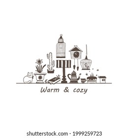 Cute things and accessory for sweet home . Warm and cozy. Flat hand drawn vector elements to design your own interior.