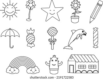 Cute things coloring page different isolated element on the white background. Cute outline illustration for kids with Sun, Flower, Stars, Pencil, Umbrella, Candy, Lollipop, Fish, Rainbow, Cactus.