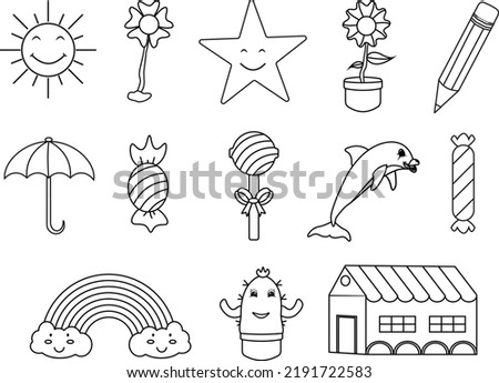 Cute things coloring page different isolated element on the white background. Cute outline illustration for kids with Sun, Flower, Stars, Pencil, Umbrella, Candy, Lollipop, Fish, Rainbow, Cactus.