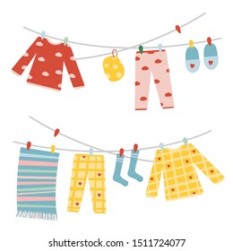 cute things are dried on a clothesline, vector illustration