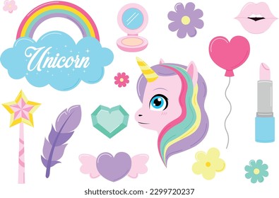 Cosas, corazones, arcoíris, cosméticos, flores, varita y unicornio