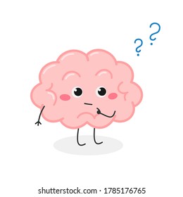 Cute Thinking Cartoon Brain With Question Mark. Vector Flat Illustration Isolated On White Background 