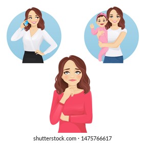 Cute thinking choosing woman looking up. Business occupation or motherhood vector illustration