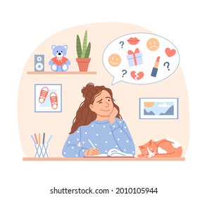 Cute thinking teen girl writes diary planner or organizer on home background concept. Cartoon young beautiful lady with sleeping cat makes creative drawing. Woman leisure design vector illustration.