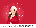 Cute thinking woman in santa hat looking away isolated on red snowing background vector illustration