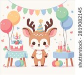 Cute Third Birthday Baby Deer Party Celebration, Adorable Kawaii Reindeer with Birthday Cake Number 3 Balloons and Bunting Flags