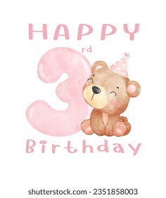 Un lindo oso de peluche de tercer cumpleaños con un sombrero de fiesta con el número 3 rosado, ilustración de acuarela animal de inocencia Adorable Perfecto para cumpleaños, guardería, tarjeta de saludo.