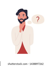 Cute thoughtful bearded man isolated on white background. Funny pensive guy and thought balloon with question mark. Male office worker solving problem. Flat cartoon colorful vector illustration.