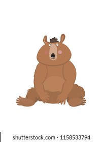 Cute thoughtful brown bear sits on ground - isolated on white background. Adorable baby grizzly in love
