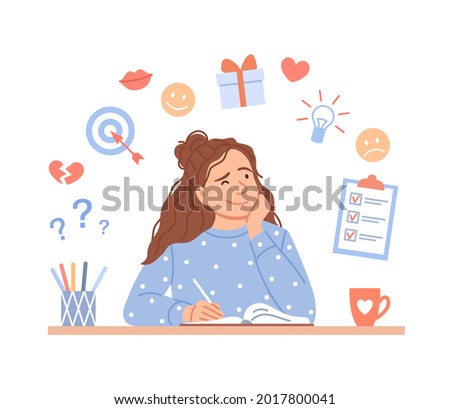 Cute thoughtful female teenager making notes into her diary. Flat young girl writes organizer or creative drawing. Woman diary concept design. Thinking cartoon person portrait vector illustration