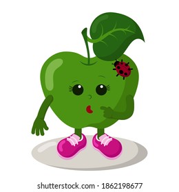 Cute thoughtful or surprised apple with ladybug and sneakers emoticon. Colorful kawaii fruit. Isolated vector illustration.