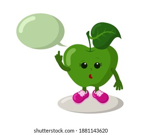 Cute thoughtful or surprised apple with sneakers and speech bubble holds index finger up. Colorful kawaii fruit emoticon. Isolated vector illustration.	