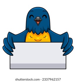 Cute thraupidae black and gold tanager bird cartoon holding blank sign