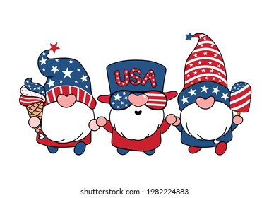 Cute Three America Gnomes 4th July Summer theme cartoon doodle vector illustration 