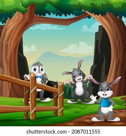 Cute Three Bunnies Playing In The Nature