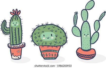 Cute three cactus illustration on the white backgound