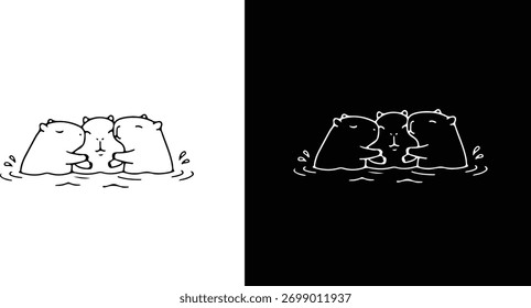 A cute three capybaras line art illustration hugging each other