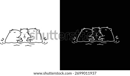 A cute three capybaras line art illustration hugging each other