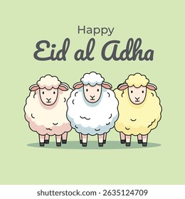 Cute Three Cartoon Sheep for Eid al-Adha Greeting, Islamic Festival. Vector illustration