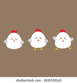 Cute three chicken with different expression. simple vector for kids, sticker, logo.