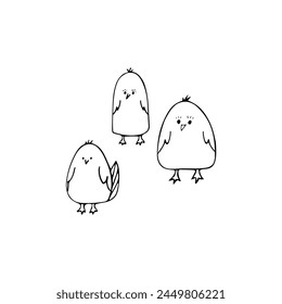 Cute three chickens for easter design. Black line doodle little birds. Hand drawn clip art illustration in doodle style for poster, banner, print, greeting card. Isolated on white background.