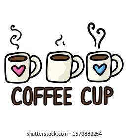 Cute Three Coffee Mug Cartoon Vector Illustration. Hand Drawn Hot Drink Element Clip Art for Kitchen Concept. Breakfast Graphic, Drink and Crockery Web Button Doodle Motif. 