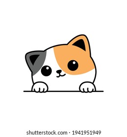 Cute three color cat paws up over wall cartoon, vector illustration