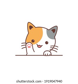 Cute three color cat waving paw cartoon, vector illustration