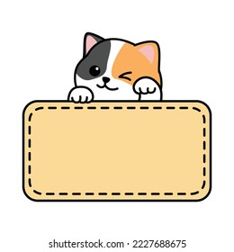 Cute three color cat waving paw with frame border template cartoon, vector illustration