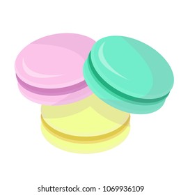Cute three colored macarons. Confectionery product. Sugar, powder, egg yolk. Delicious sweets, baking
 cookies, bake. Modern vector flat design image isolated on white background. Can be used as logo.