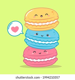 cute three colorful macarons with expression