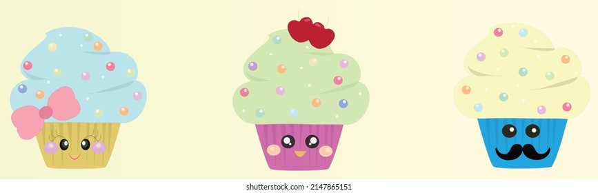 cute three cupcakes set  for  decoration on card  or bakery shop