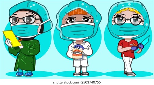 Cute three dentists are wearing masks and costumes. Vector character cartoon illustration graphic design for collection, poster,background,wallpaper,sticker.