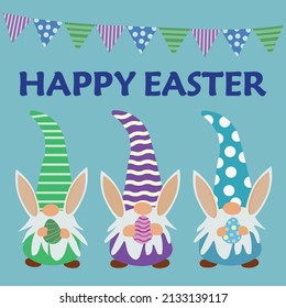 Cute three easter gnomes with bunny ears holding eggs illustration   isolated on blue background. For easter greeting cards, posters, postcard and banners 