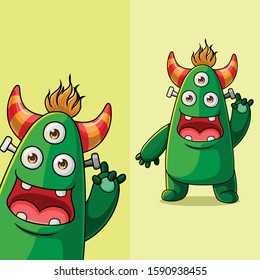 Cute three eyed monster character waving, with different display angle position, Hand drawn