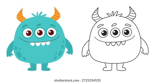 Personagem de Monstro de Três Olhos Bonito com Chifres e Contorno de Página de Coloração. Engraçado Desenho Animado Ilustração Vetor para Crianças, Jogos, Educação.