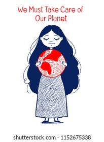 Cute three  girl characters.World environment day poster. protect our planet, tace care of the Planet card. Hand drawn Vector illustration.