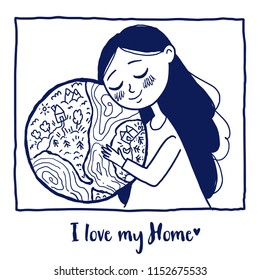 Cute three  girl characters.World environment day poster. protect our planet card. Hand drawn Vector illustration.