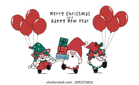 Cute Three gnome in Santa dress with present boxes, Happy new year and merry christmas cartoon doodle elf