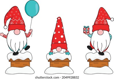 cute three gnomes in red snowflakes Santa clause hat show up from snow covered chimney holding gift box and floating balloon. greeting and celebrate Christmas and New year. vector illustration.