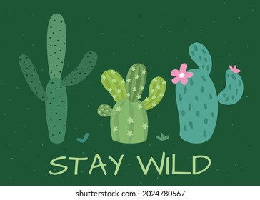 Tres pequeños cactus verdes aislados en un fondo verde vintage.  Ilustración plana vectorial.  Plantas y naturaleza.  Manténganse salvajes.